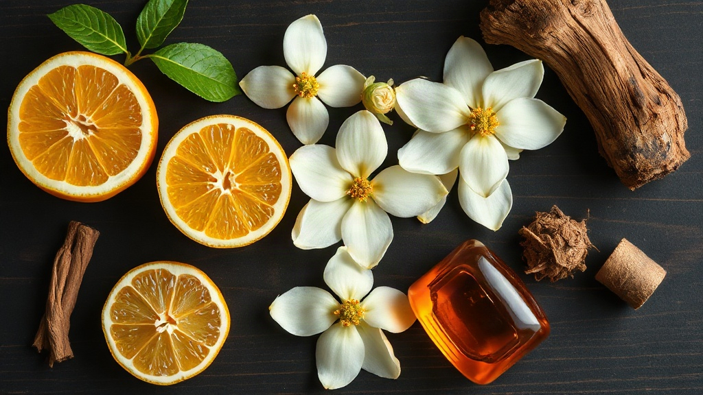 overhead flat-lay of raw perfumery ingredients including fresh bergamot citrus fruits, jasmine flowers, a chunk of oud w