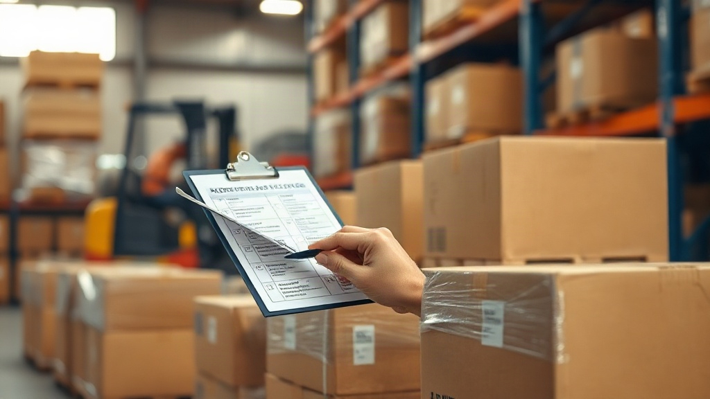 Warehouse scene with stacked brown cardboard shipping cartons and wooden pallets wrapped in plastic film, a worker'