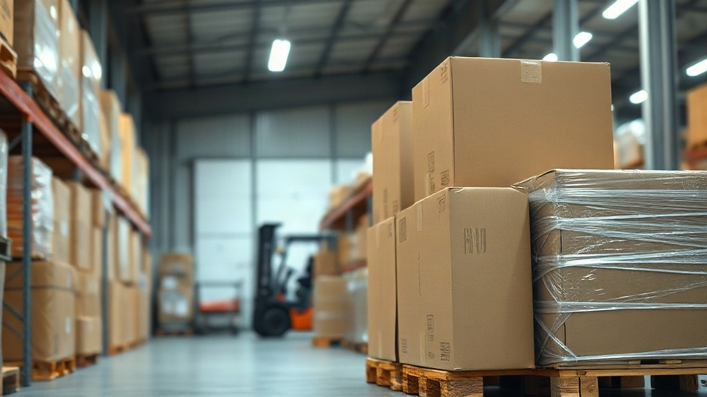Warehouse interior stacked with sealed cardboard shipping boxes and wrapped wooden pallets ready for wholesale export, f
