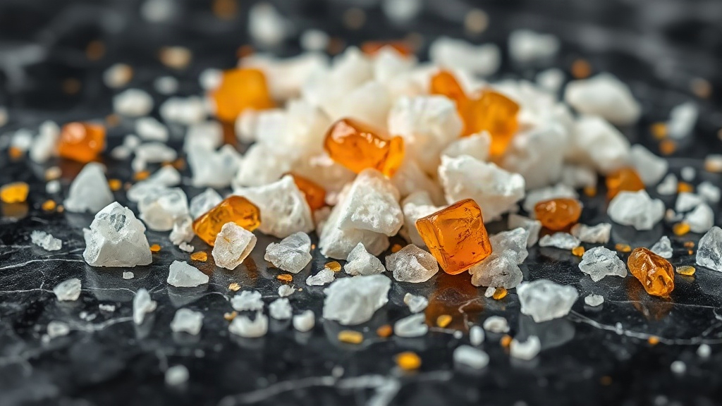 Close-up macro photograph of white musk crystals and amber resin fragments scattered on a dark polished marble surface, 
