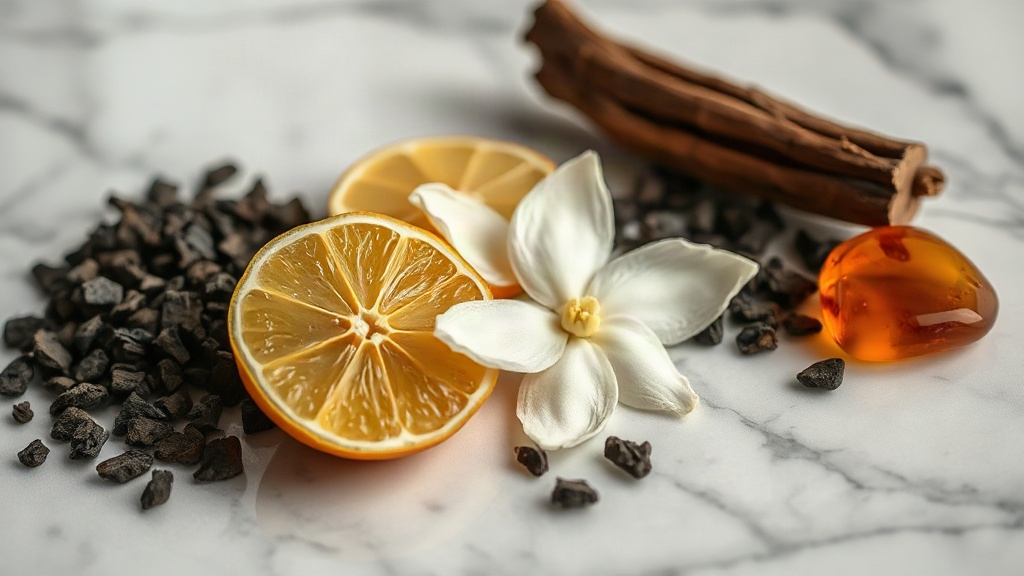 raw perfume ingredients arranged on a polished marble surface, bergamot citrus fruit halved, fresh jasmine blossoms, dar