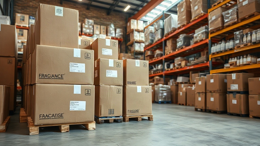 sealed cardboard shipping cartons stacked on wooden pallets inside an organized fragrance warehouse, shelves with boxed 