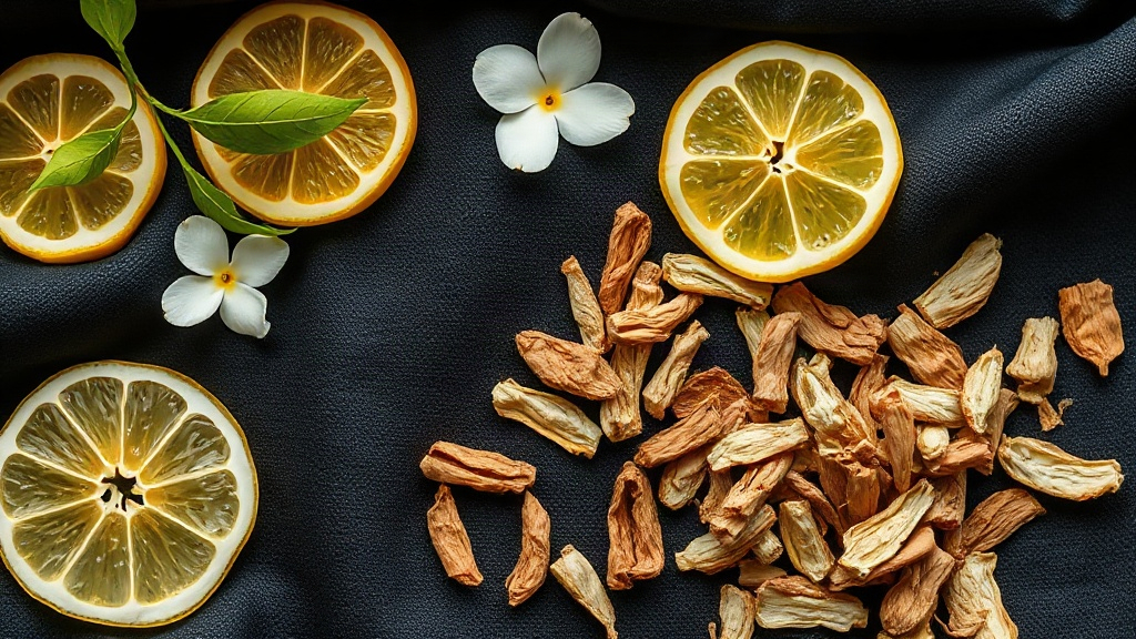 Close-up flat-lay of raw perfume ingredients on dark fabric — fresh bergamot slices, jasmine blossoms, and dried oud woo