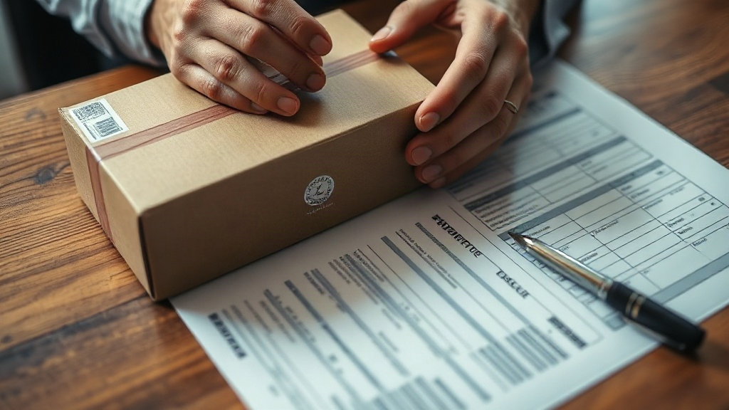 close-up of hands examining a sealed perfume shipping carton on a wooden desk, an authentication hologram sticker visibl