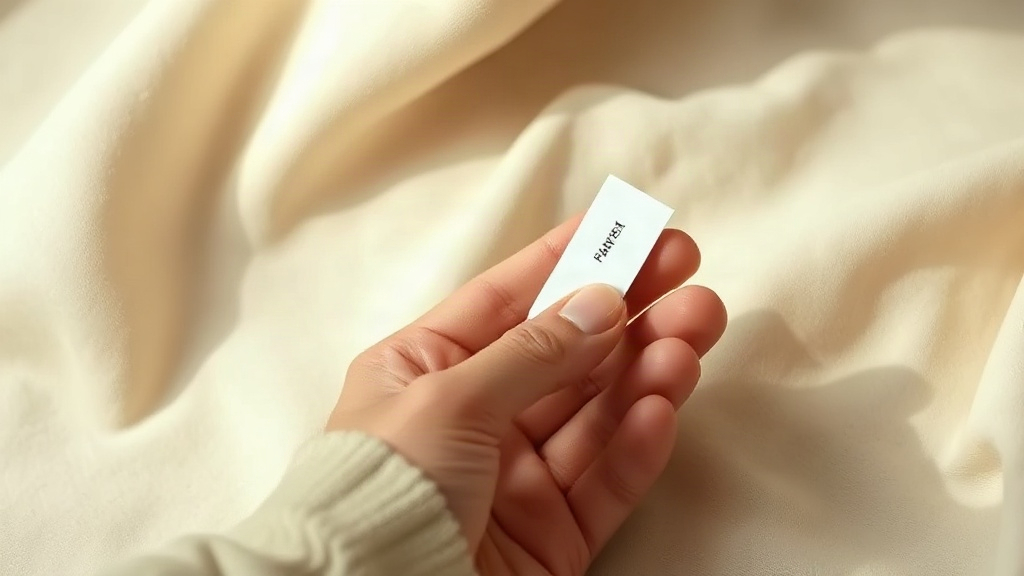 close-up of a hand holding a small perfume tester paper strip near the wrist, soft beige fabric backdrop, elegant minima