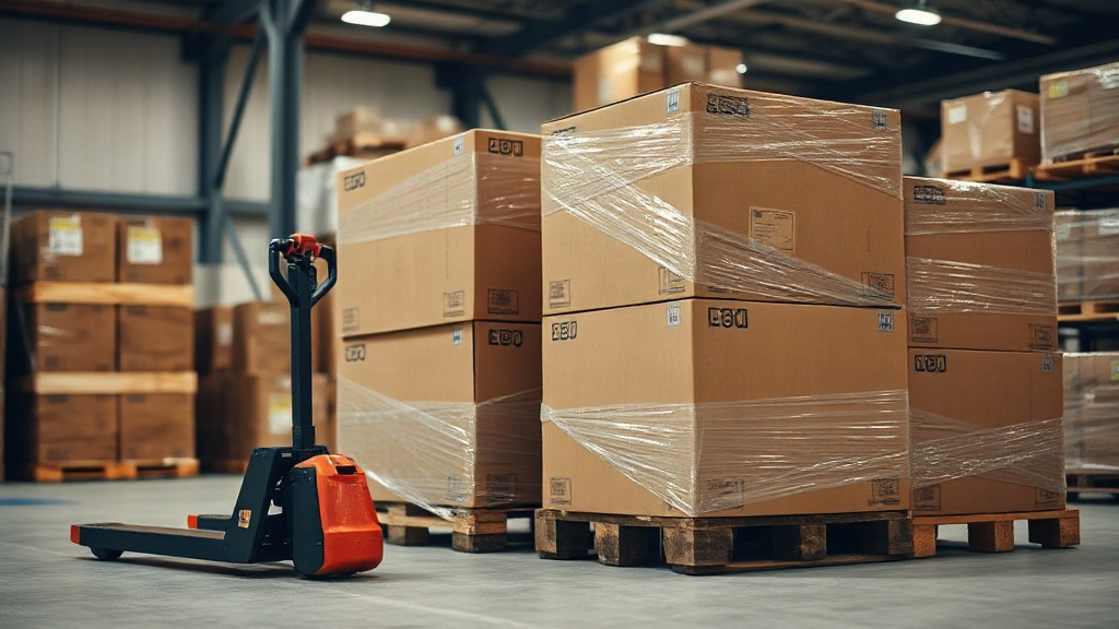 warehouse interior with wooden pallets stacked with sealed brown cardboard shipping cartons wrapped in stretch film, a h