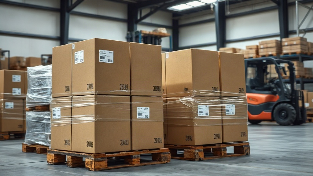 A modern warehouse interior with neatly stacked cardboard shipping boxes on wooden pallets wrapped in clear plastic film