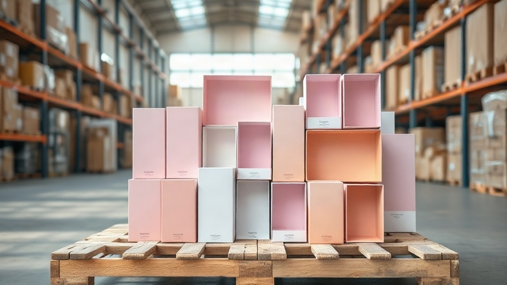 neatly stacked empty perfume packaging boxes in various pastel colors on a wooden pallet inside a bright warehouse, card