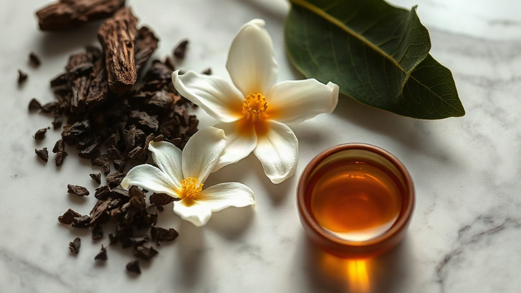 raw perfume ingredients arranged on a polished marble surface, including dark oud wood chips, fresh jasmine flowers, rip