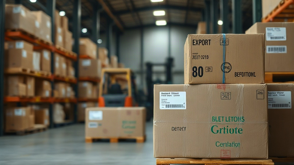 warehouse interior with stacked wooden pallets of sealed export cartons, forklift in soft focus in the background, shipp