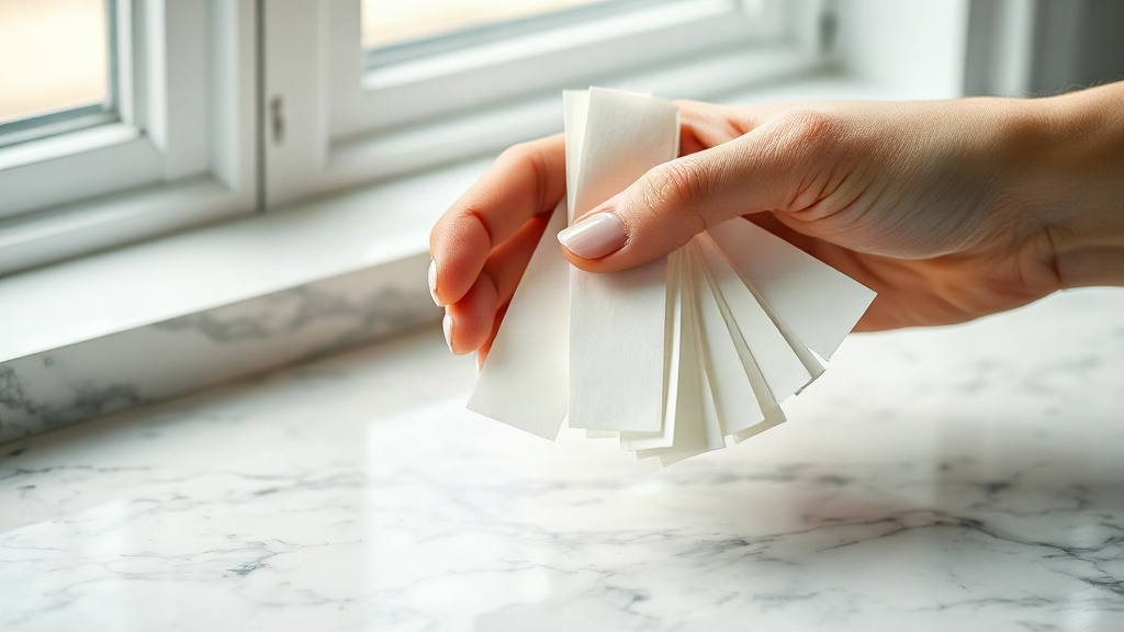 close-up of a hand holding several white perfume blotter test strips fanned out above a polished marble surface, soft na