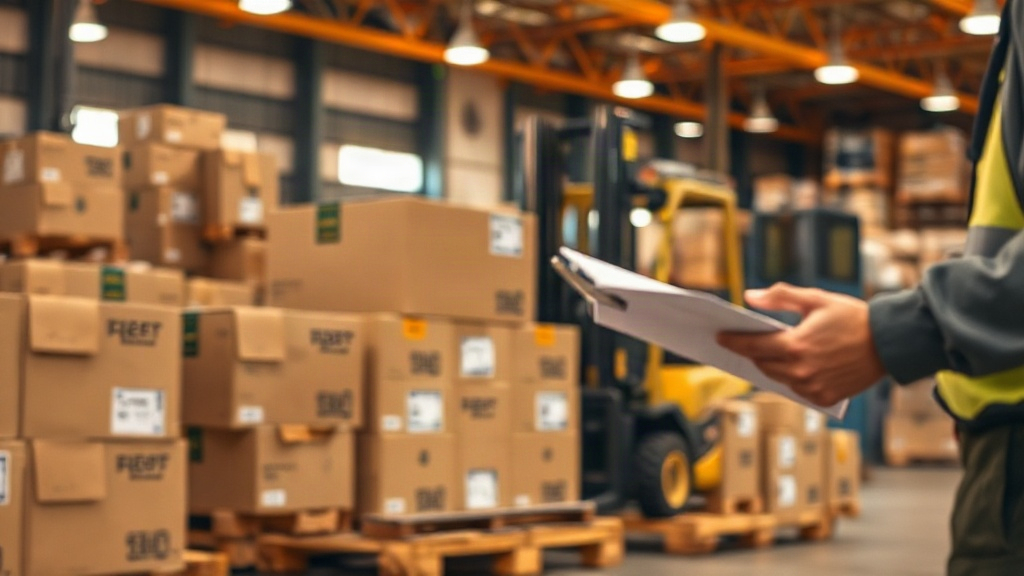 warehouse logistics scene with stacked cardboard shipping cartons on wooden pallets, a forklift in soft focus background