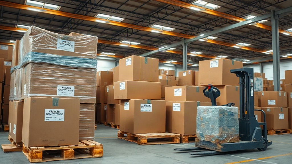 Wide shot of a logistics warehouse interior with stacked brown cardboard shipping cartons on wooden pallets, shrink-wrap