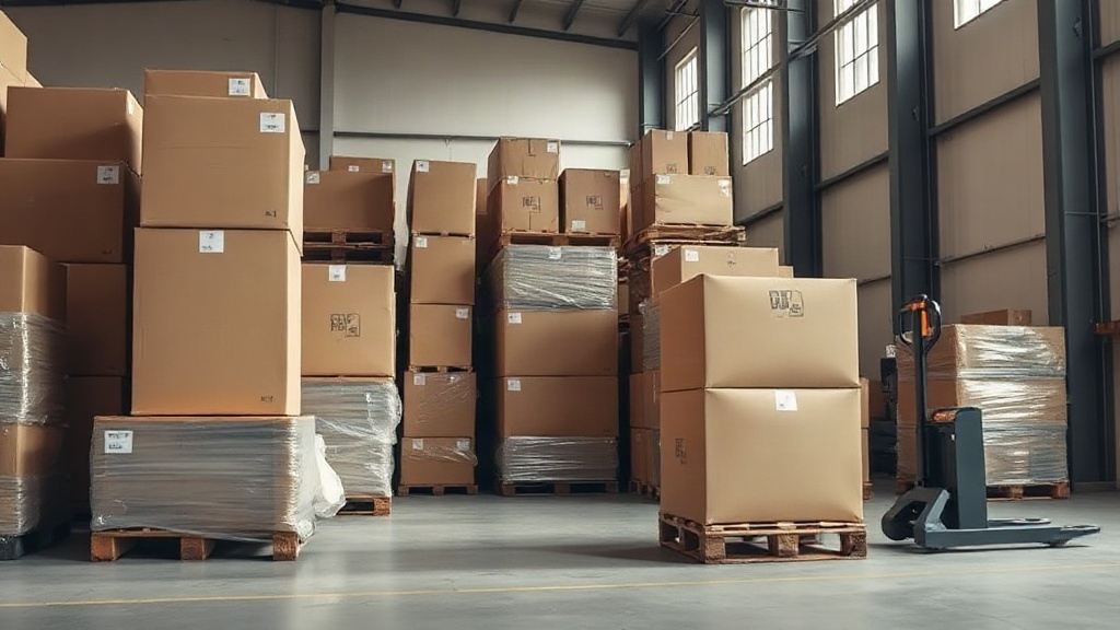 Warehouse interior with stacked cardboard shipping boxes and wooden pallets wrapped in plastic film, a pallet jack nearb