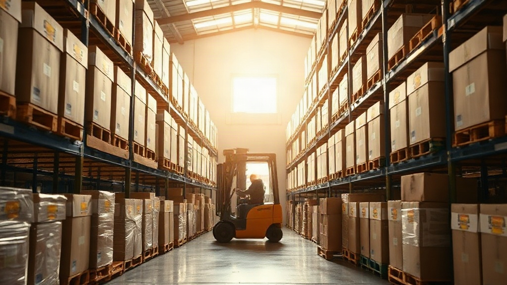 wide shot inside a fragrance wholesale warehouse in Saudi Arabia, wooden pallets stacked with sealed cardboard shipping 