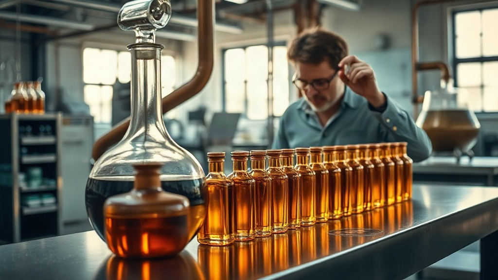 inside a modern perfume production workshop, glass distillation flask and copper still, amber glass bottles lined up on 