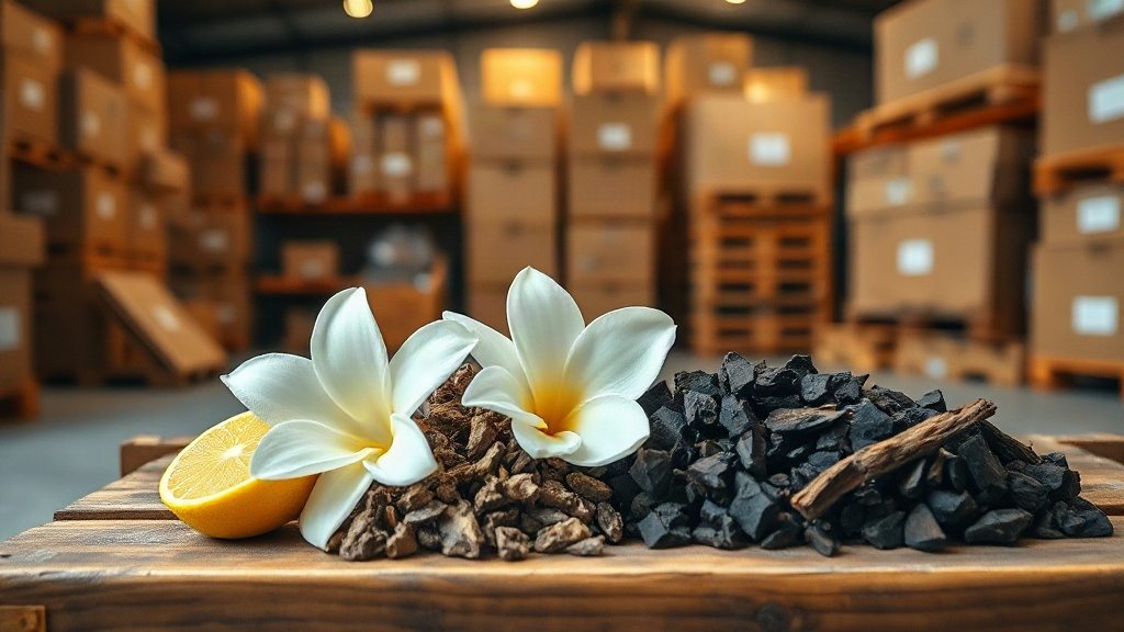 wholesale fragrance warehouse interior with wooden pallets stacked with sealed cardboard shipping boxes, raw perfume ing