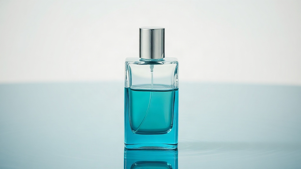 elegant generic 50ml glass perfume bottle with silver cap, cool blue and aqua toned liquid, studio product photography o