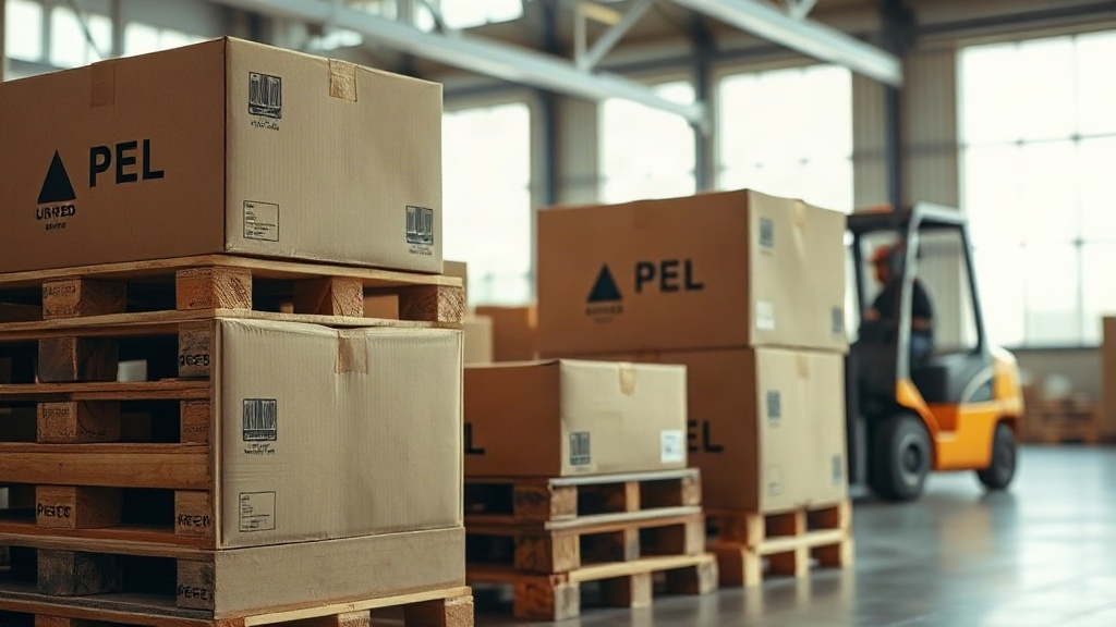 warehouse interior with stacked wooden pallets holding sealed cardboard shipping cartons, forklift in soft focus backgro