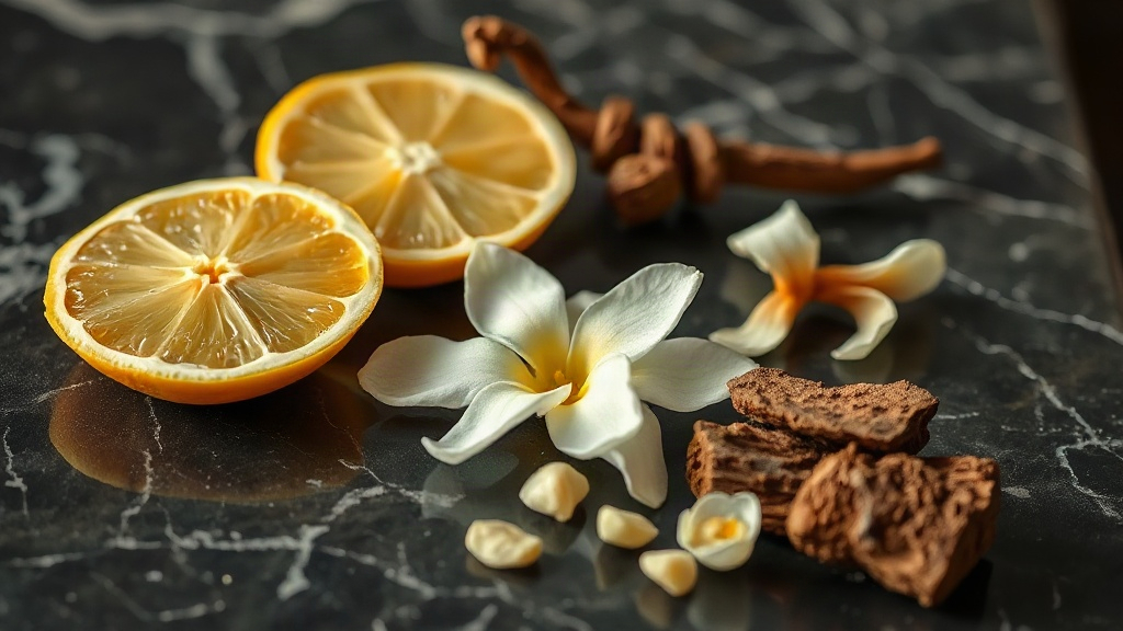 Close-up still life of perfume raw ingredients - fresh bergamot slices, white jasmine blossoms and small chunks of oud w
