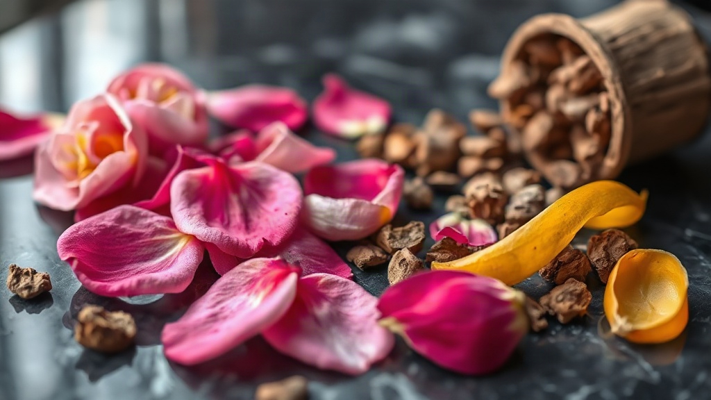 Elegant close-up macro photograph of fresh pink Damask rose petals scattered beside dried oud wood chips and bergamot pe
