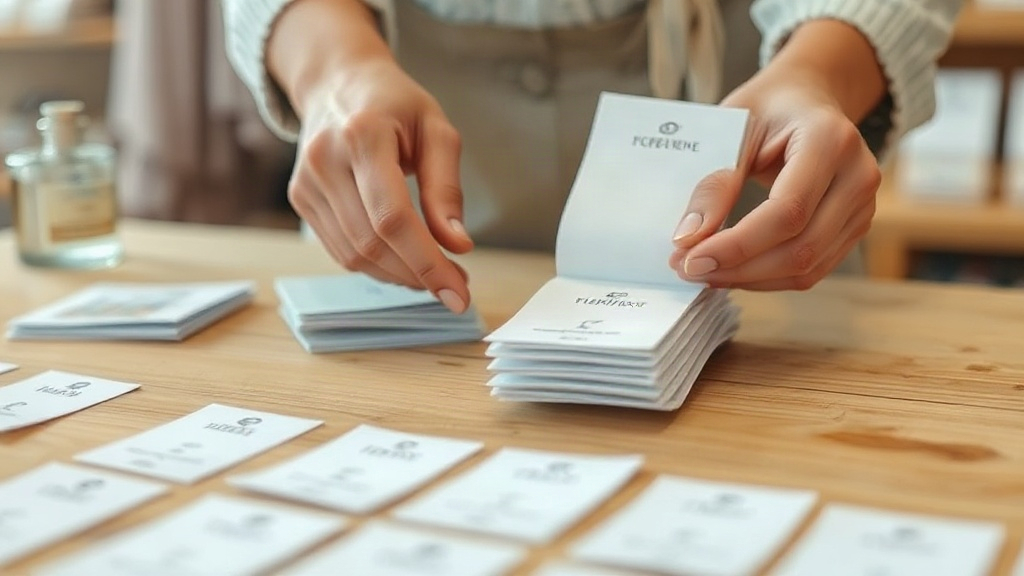 close-up of two hands arranging folded fabric perfume sample cards and scent testing strips on a wooden display table, s
