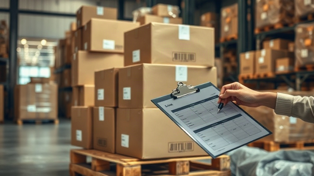 warehouse logistics scene with sealed cardboard shipping boxes stacked on a wooden pallet, a hand holding a clipboard ch