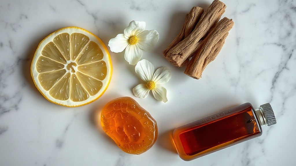 overhead flat lay of raw perfumery ingredients including bergamot slices, jasmine flowers, a small piece of oud wood, an