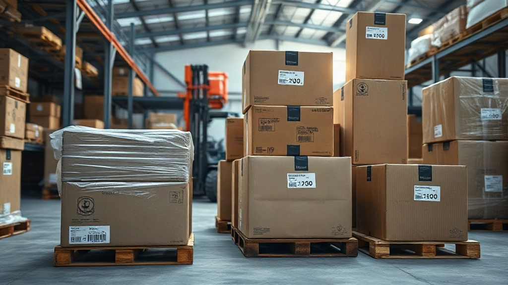 wide shot inside a logistics warehouse with stacked cardboard shipping cartons on wooden pallets, a forklift in the back