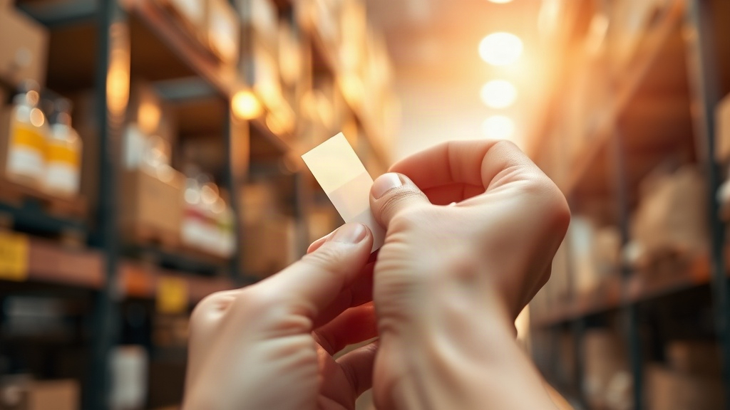 Close-up of a hand holding a fragrance testing blotter strip near a wrist, warm golden light, quality control inspection