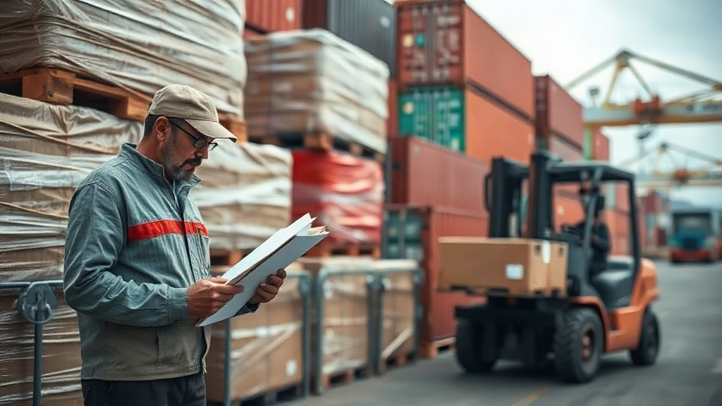customs clearance area at a cargo port with stacked wrapped pallets, shipping containers in the background, a customs of