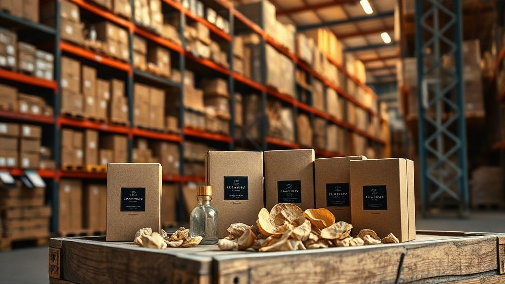 Warehouse shelves stacked with elegant perfume gift boxes and cardboard cartons, raw oud wood chips and dried bergamot p