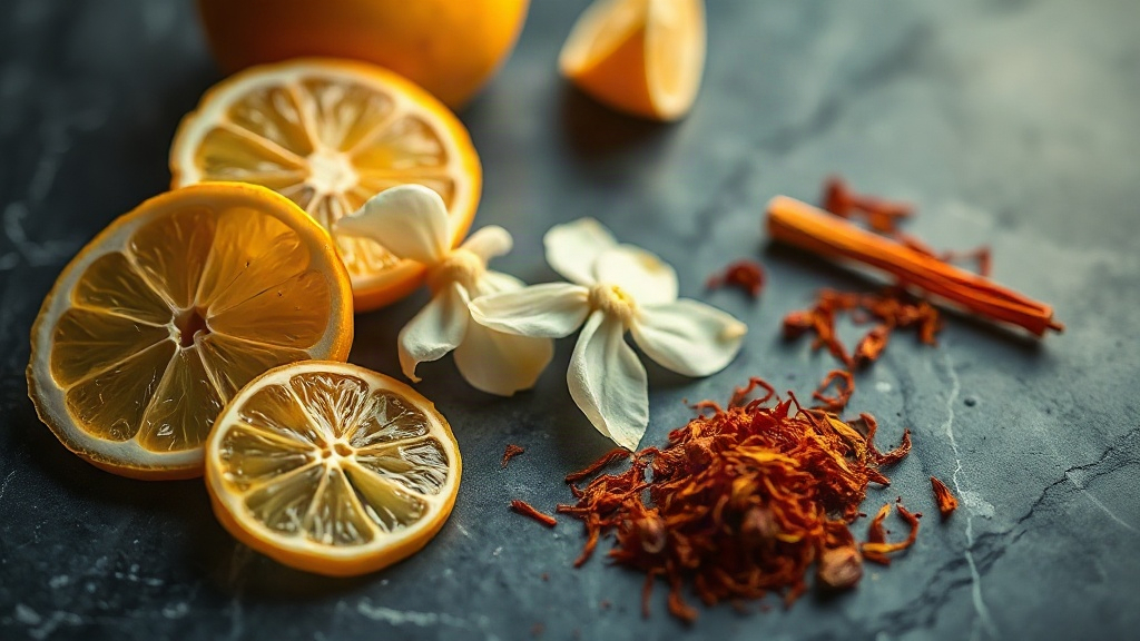 close-up still life of raw perfume ingredients arranged on a dark marble surface — fresh bergamot citrus slices, jasmine