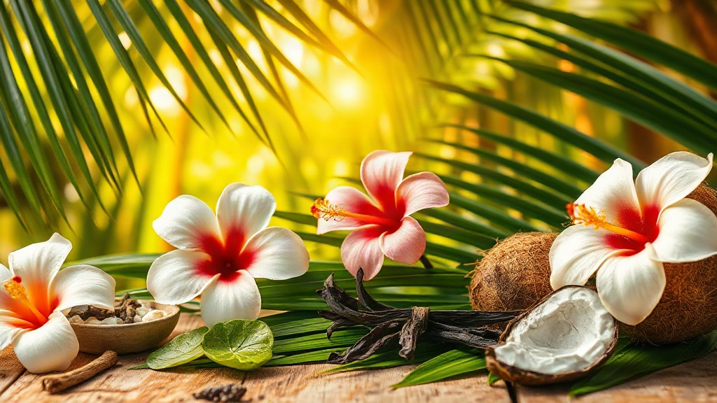 A lush tropical garden scene with blooming frangipani and hibiscus flowers, dew drops on green leaves, soft golden morni
