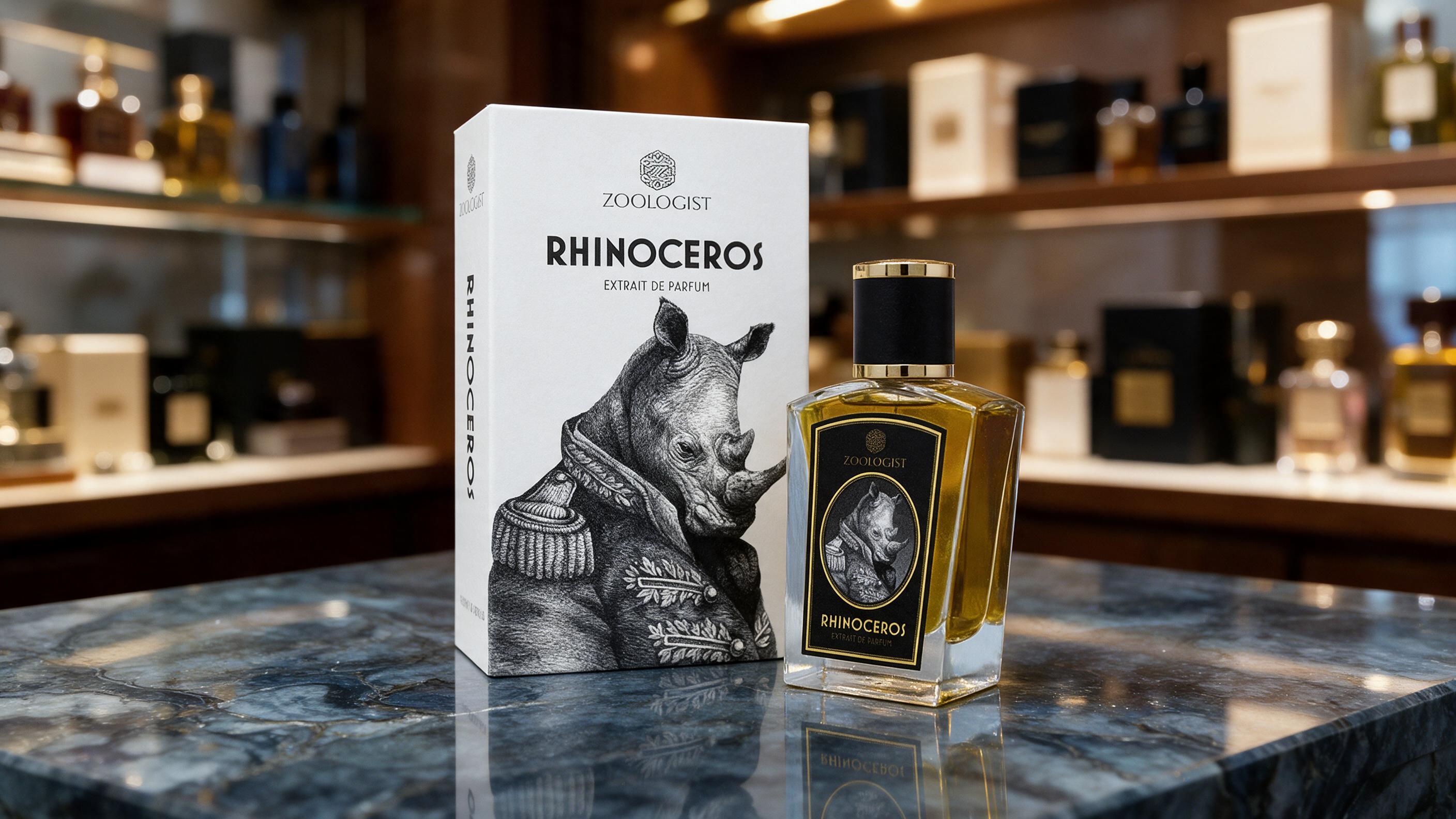 elegant dark blue and silver men's cologne bottle displayed upright on a polished marble counter inside an upscale 