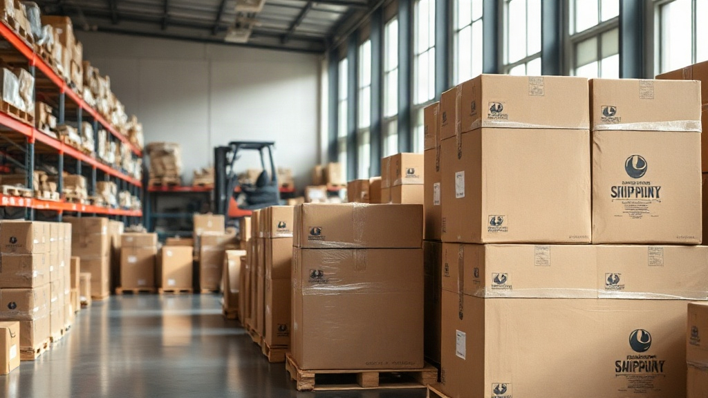 neatly arranged cardboard shipping cartons stacked on wooden pallets inside a bright wholesale packaging warehouse, fork