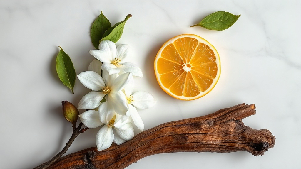 Close-up flat lay on a white marble surface showing fresh bergamot citrus slices, blooming white jasmine flowers, and a 