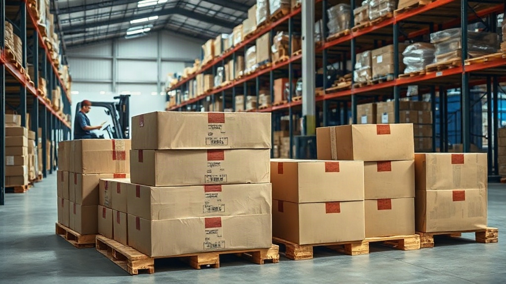 Warehouse interior with stacked cardboard shipping cartons on wooden pallets, a forklift in the background, workers chec