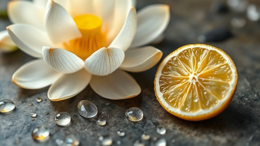 Close-up editorial scene of raw perfumery ingredients for a fresh floral aquatic fragrance: dewy white lotus flowers, sl