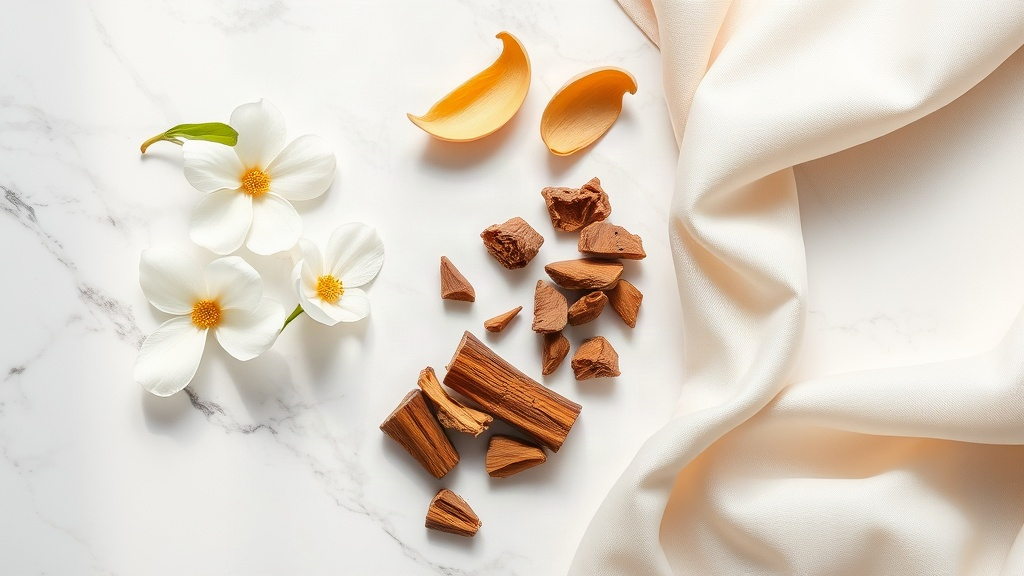 Elegant flat lay on a white marble surface featuring fresh jasmine flowers, dried bergamot peel, small chunks of oud woo