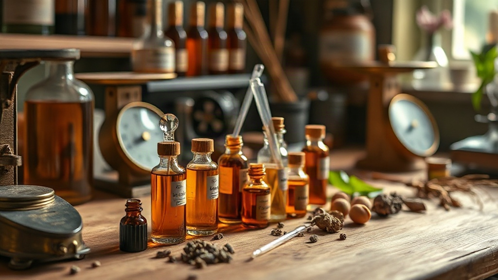 French perfumery laboratory workbench with amber glass sample vials, pipettes, a brass scale, and raw aromatic botanical