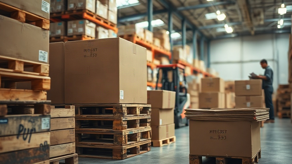 wholesale warehouse interior with stacked wooden pallets and sealed cardboard shipping boxes, forklift in soft backgroun