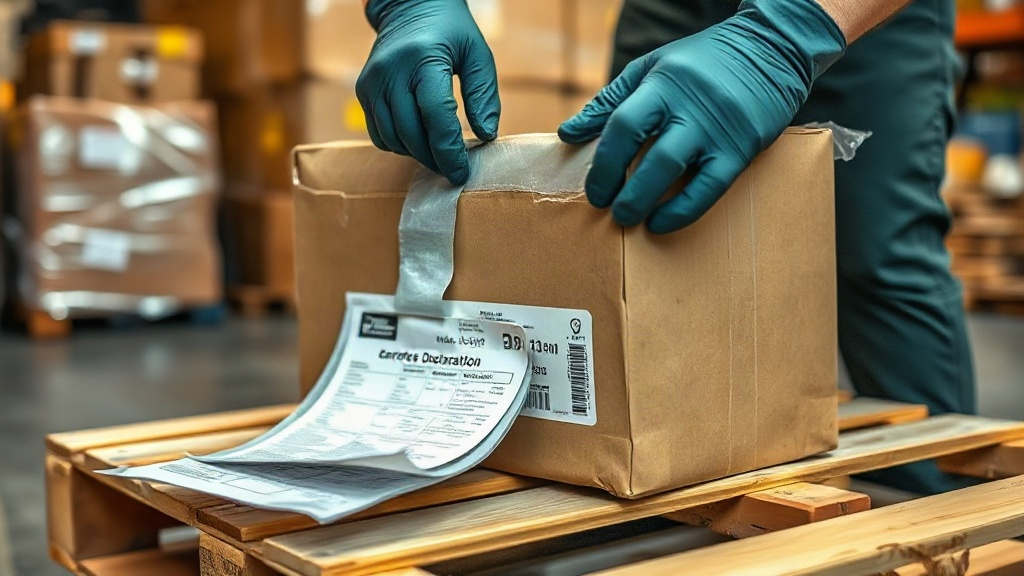 close-up of hands wearing work gloves sealing a cardboard export carton with packing tape, shipping labels and a customs