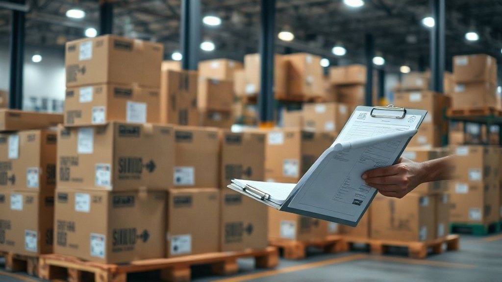 Logistics warehouse scene with stacked cardboard shipping cartons on wooden pallets, a clipboard with shipping documents