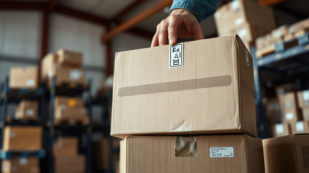 A worker's hand placing a sealed cardboard shipping carton onto a stack inside a logistics warehouse, close-up on h