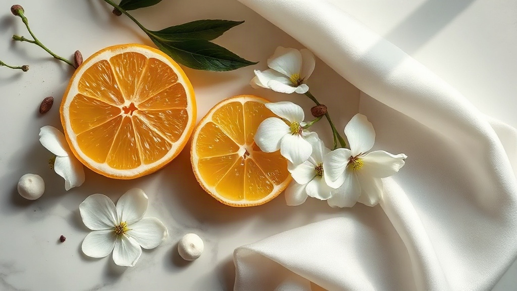 flat-lay of perfumery raw materials for a floral oriental fragrance composition, fresh bergamot citrus slices, white iri