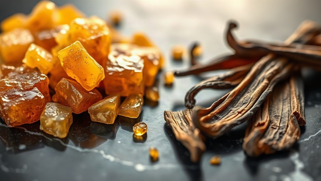 amber resin chunks and dried vanilla pods arranged on a dark marble surface with soft warm studio lighting, close-up mac