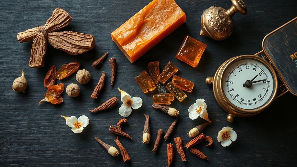 Flat lay of raw perfumery ingredients on a dark wooden table: chunks of oud wood, amber resin, dried spices like cloves 