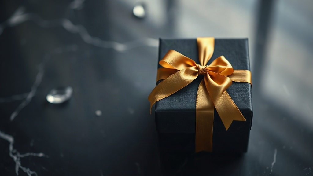 elegant closed perfume gift box wrapped with a gold ribbon placed on a dark marble surface, soft studio lighting, luxury