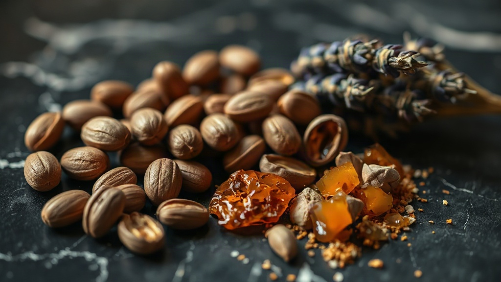 close-up macro photo of raw perfumery ingredients arranged on a dark marble surface, whole tonka beans, vanilla pods, dr